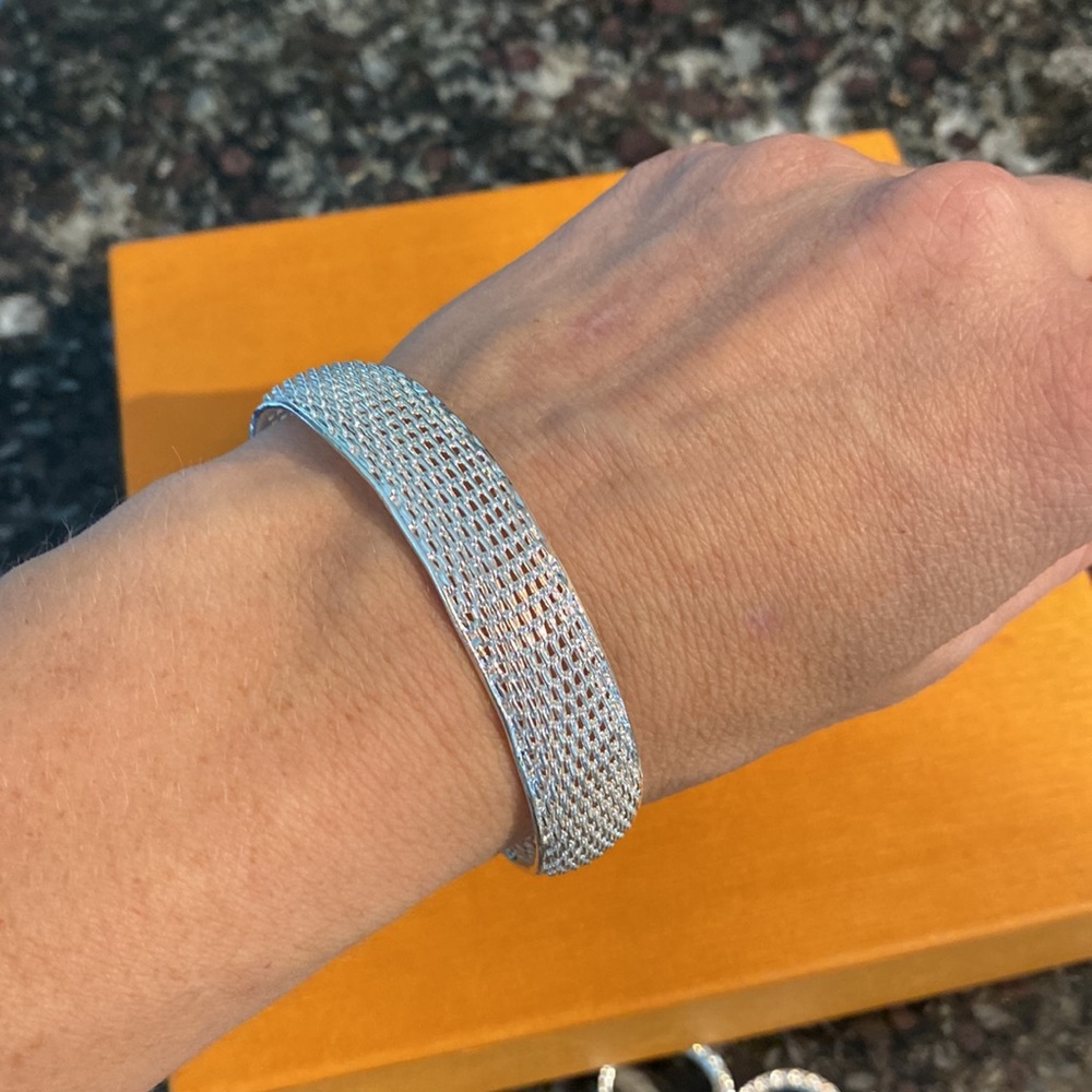 Sterling silver rigid cuff bracelet bangle net filigree fine dainty